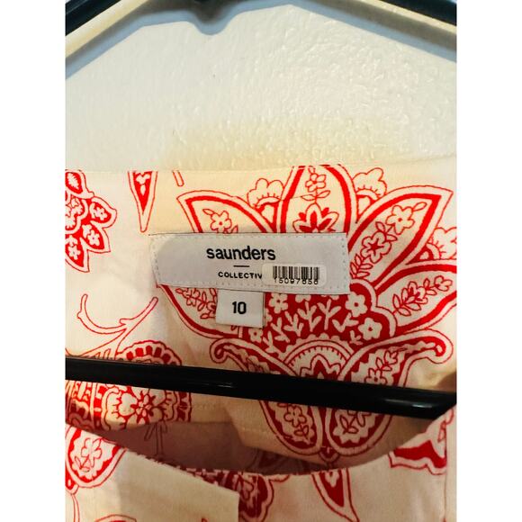 SAUNDERS COLLECTIVE Red Floral Long Sleeve Button Front Tie Waist Fredrique Top - Picture 6 of 11